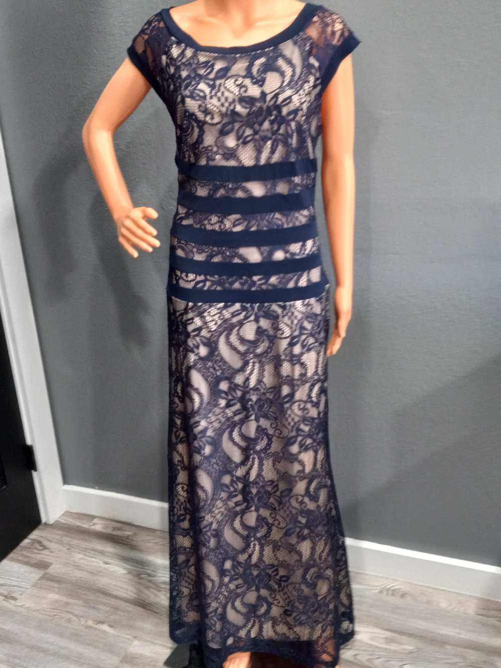 Candalite Navy Lace Maxi Dress - Elegant Sheer Floral Design